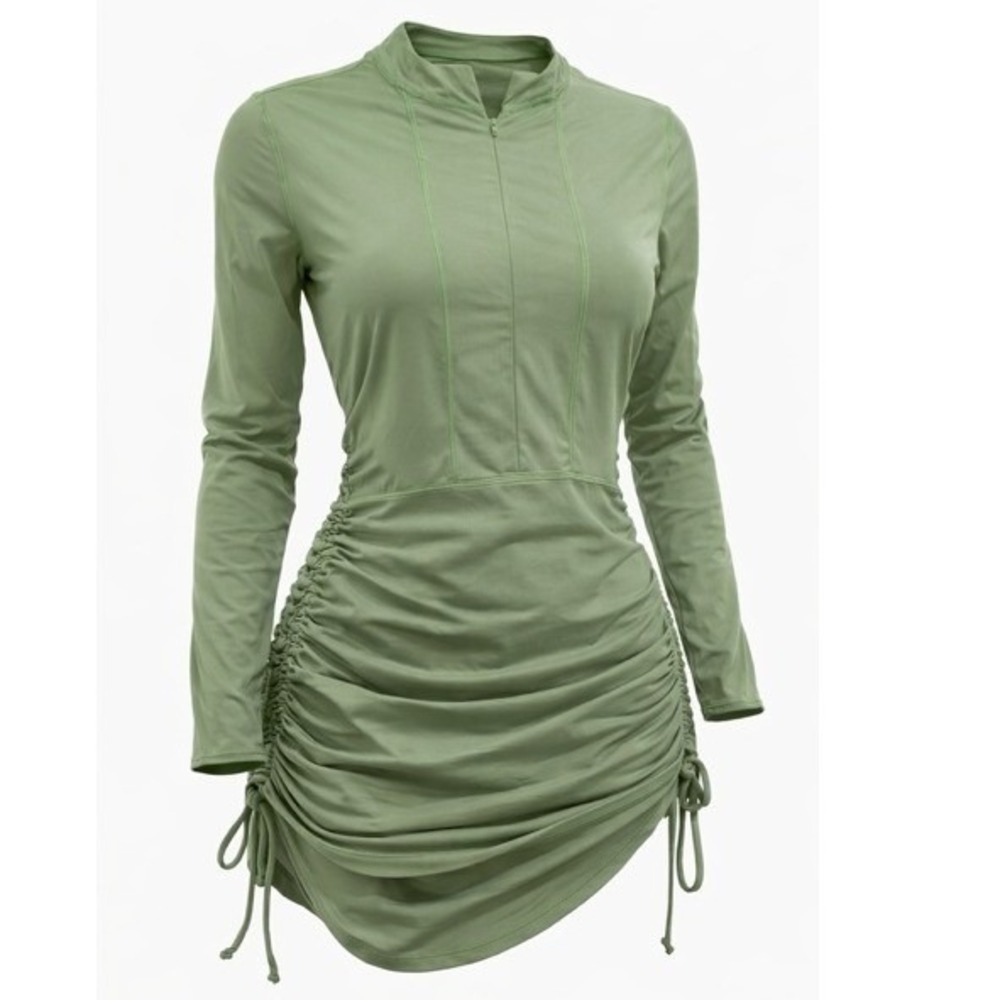 Athleta Sage Green Long Sleeve Ruched Swim Dress Mock Neck Zip Front Size Medium